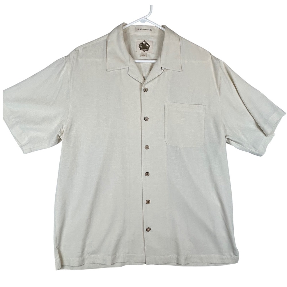 Paradise Collection Mens Washable Silk Camp Shirt Off White Textured Size M